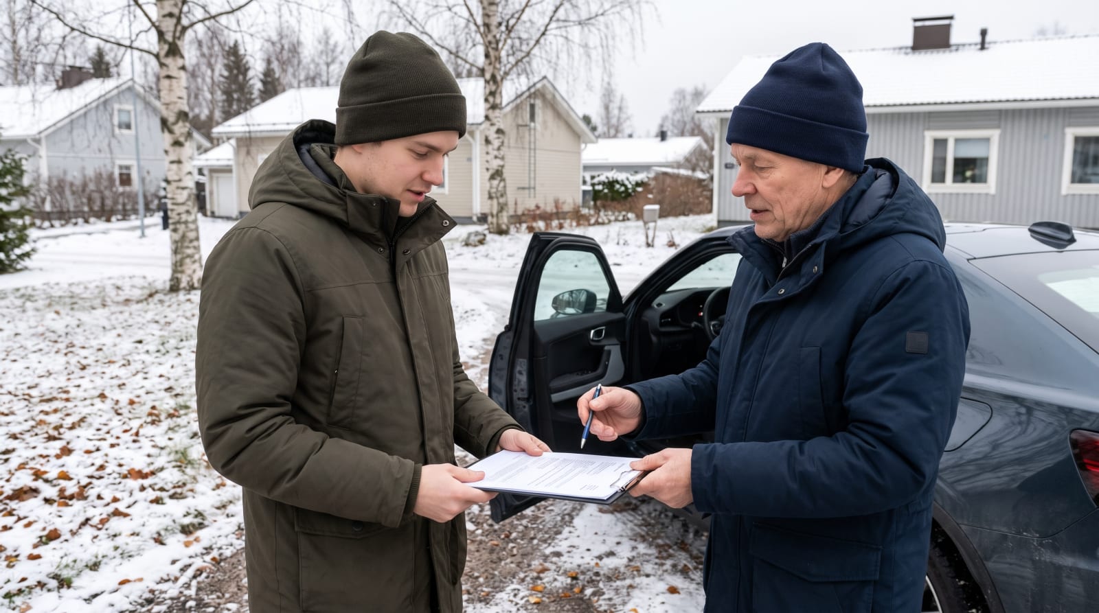 Nuorempi ostaja ja vanhempi myyjä tarkastamassa ja keskustelemassa paperisesta kauppakirjasta käytetyn Polestar 2 -sähköauton vierellä lumisella omakotitalon pihalla Suomessa. Younger buyer and older seller reviewing and discussing a paper sales contract together next to a used Polestar 2 electric car in a snowy residential driveway in Finland.
