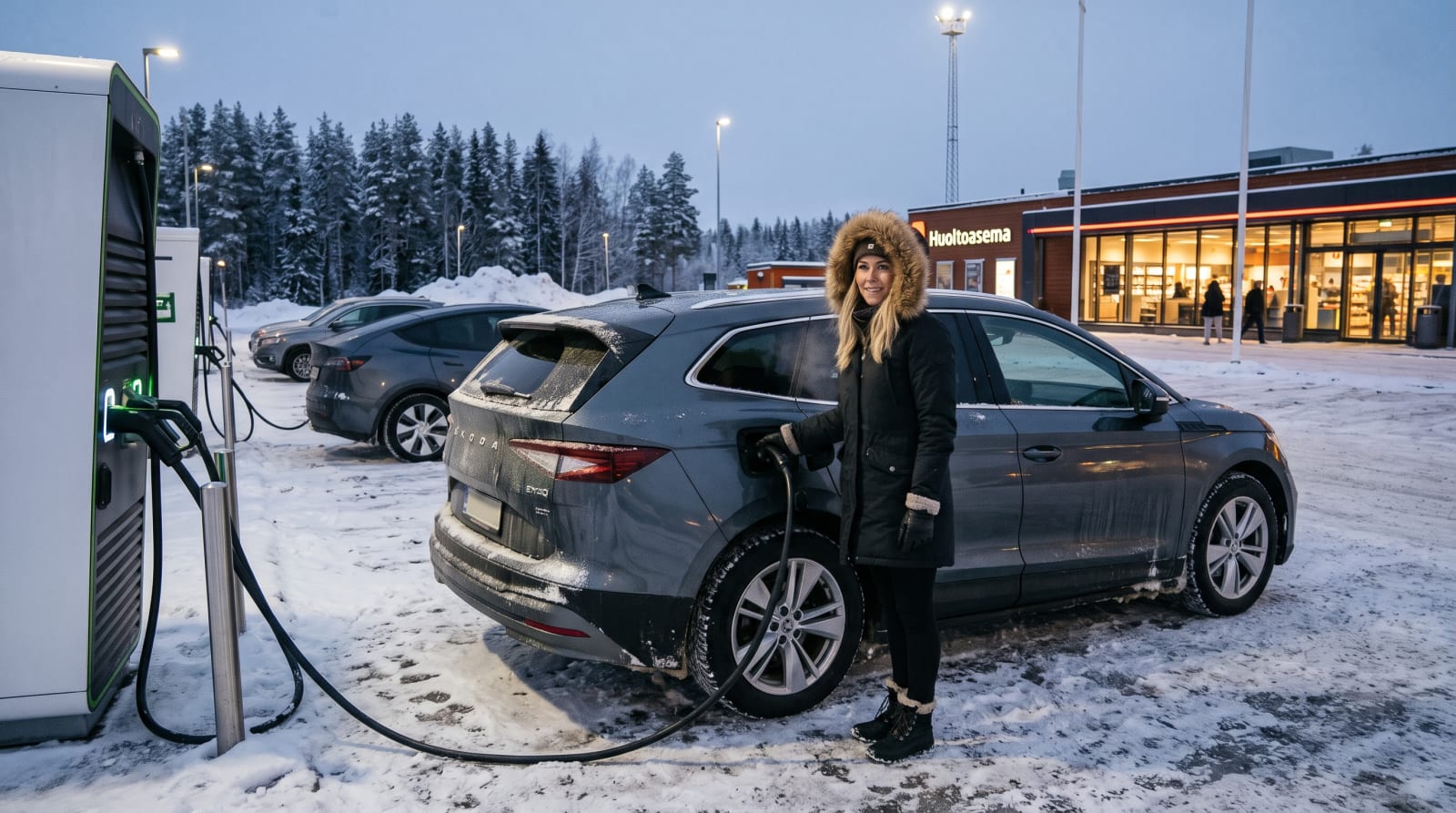 Blonde woman charging an EV at a snowy charging station.