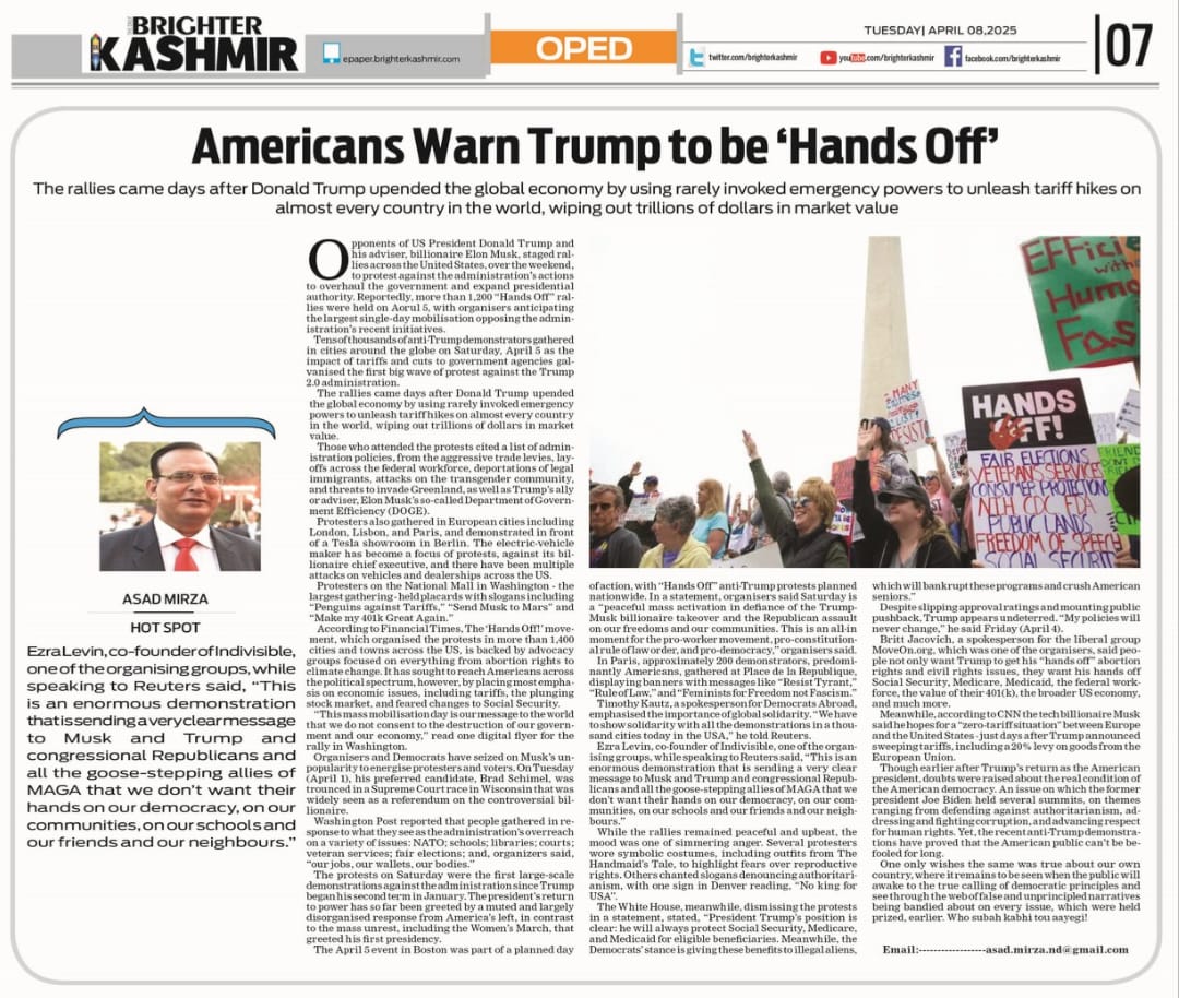 Newspaper clipping: Americans Warn Trump to be 'Hands Off' (1)