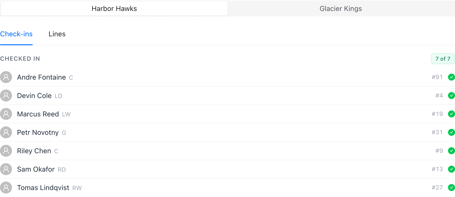Game page Check-ins tab with the team roster and availability