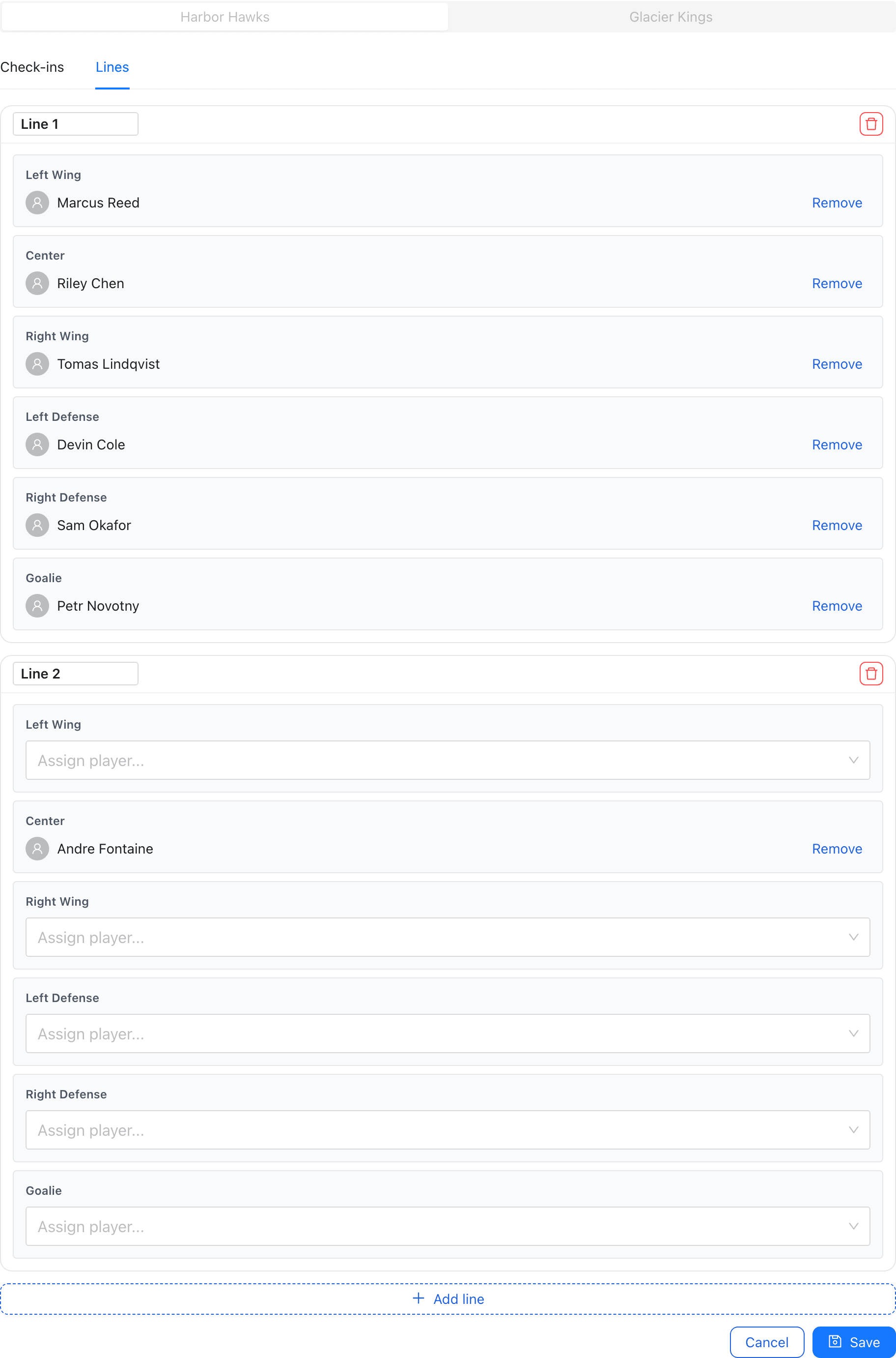 Lines editor with rink-style position grid and player assignment