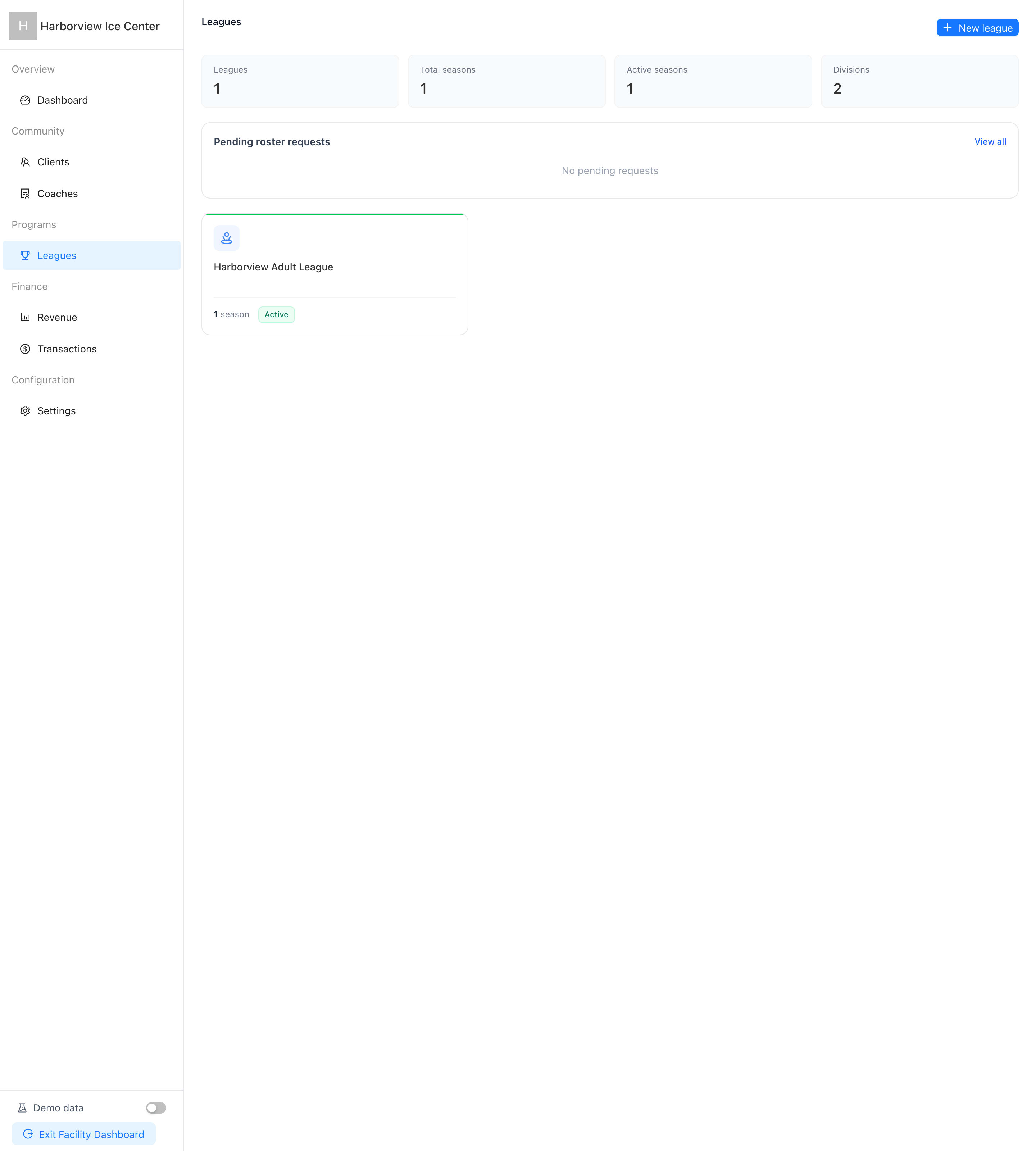 Facility console Leagues view with summary stats and a league card