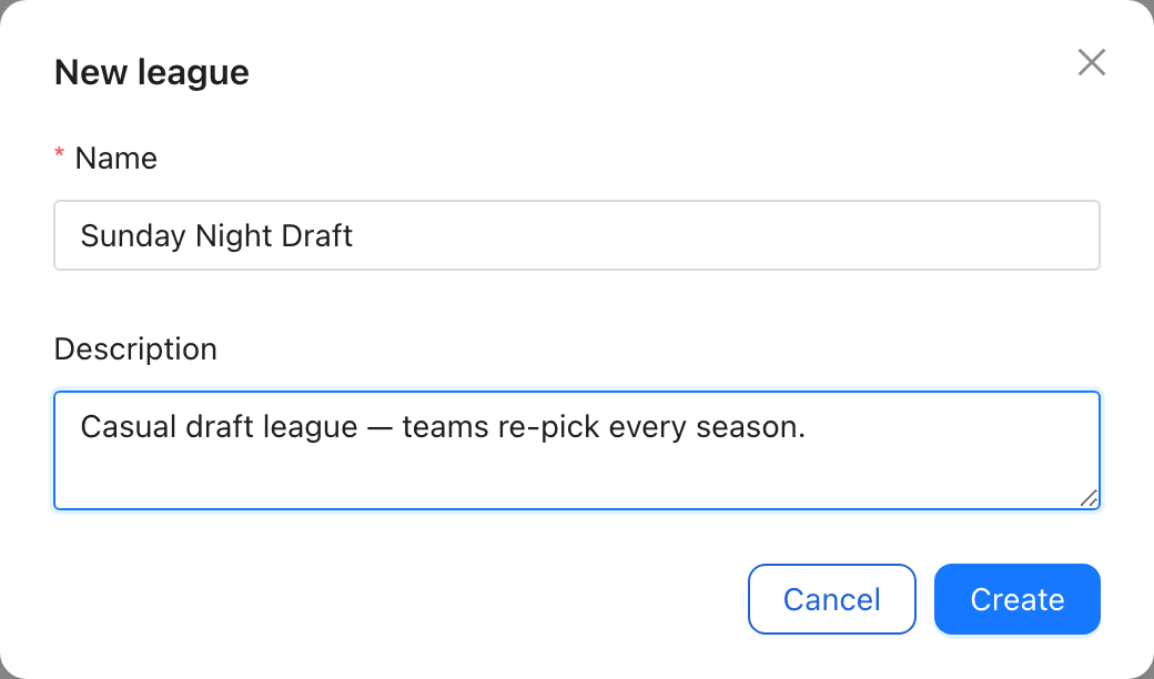 New league dialog with name and description fields