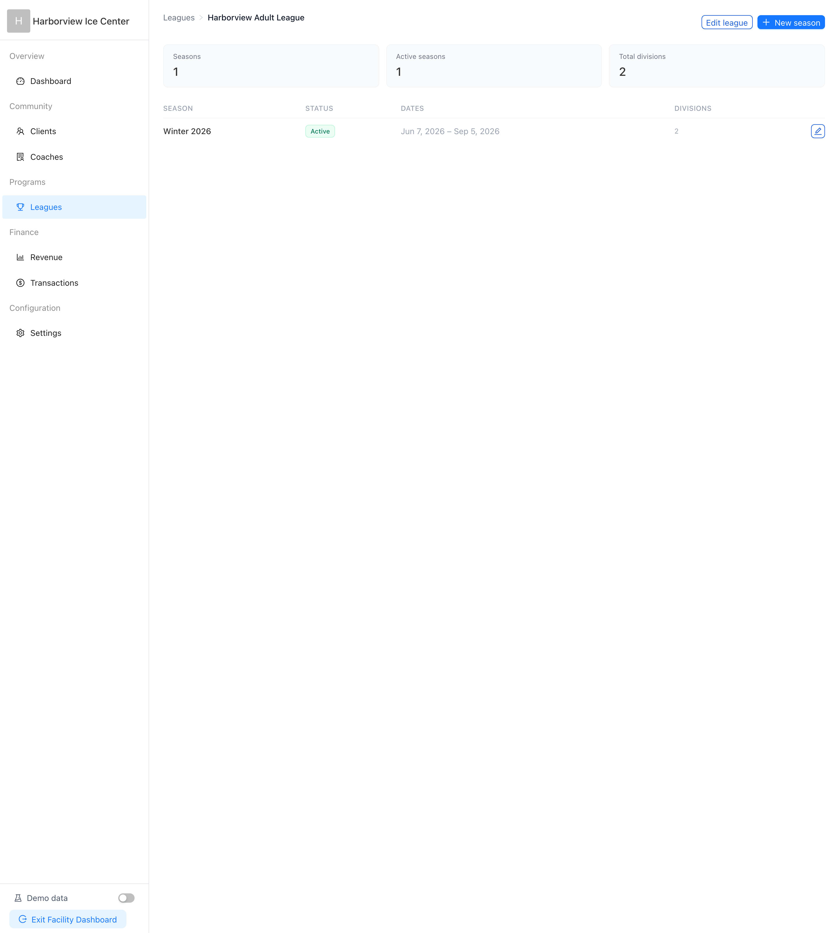 League view listing seasons with status and dates