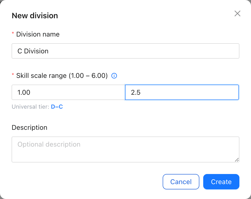New division dialog with name and skill scale range fields