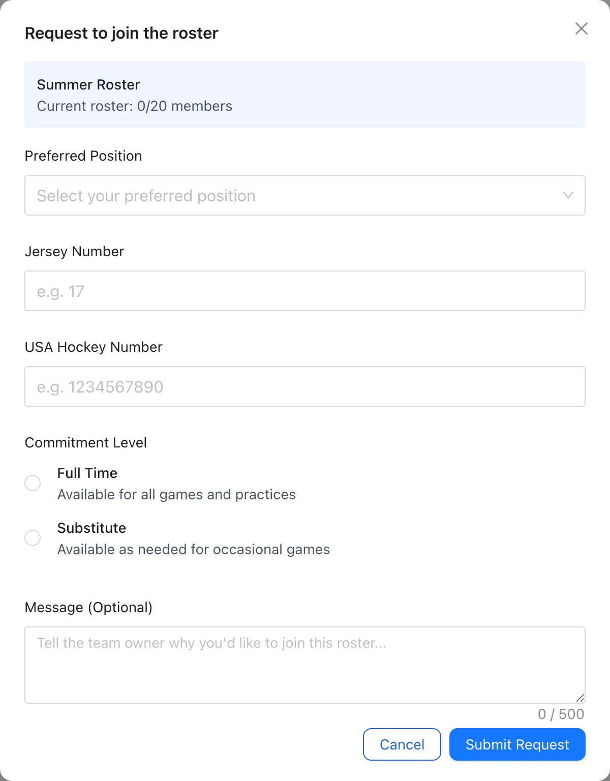 Join request dialog with preferred position and commitment level fields