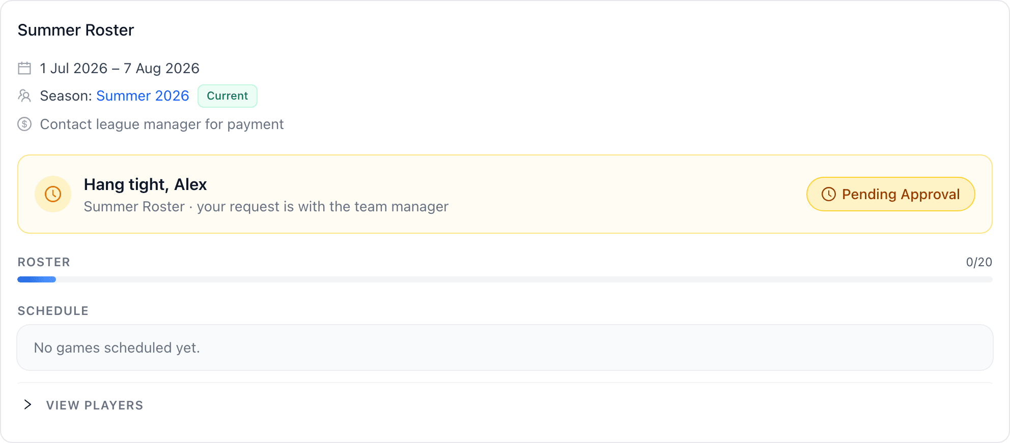 Amber banner showing the join request is pending team approval