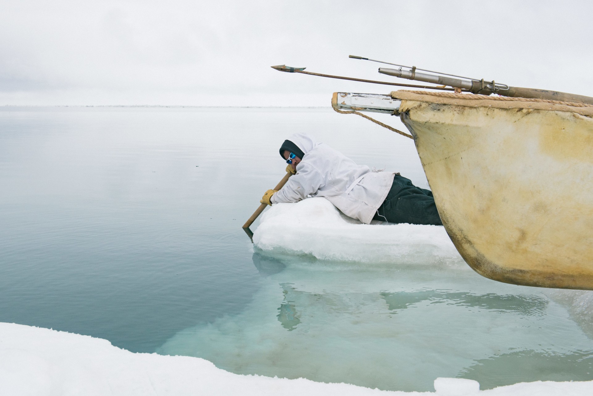 Larry Lucas Kaleak listens to the sounds of passing whales and bearded seals through a skinboat paddle in the water. The sounds of bearded seals and bowheaded whales are unique and distinctive, and can be easily heard in the vibrations of the wooden paddle.