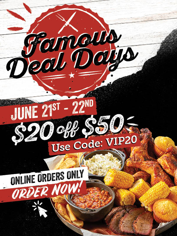 Famous Dave's BBQ Coupon Code 🌟FAMOUS DEAL DAYS🌟 Get 20 OFF Your Pur