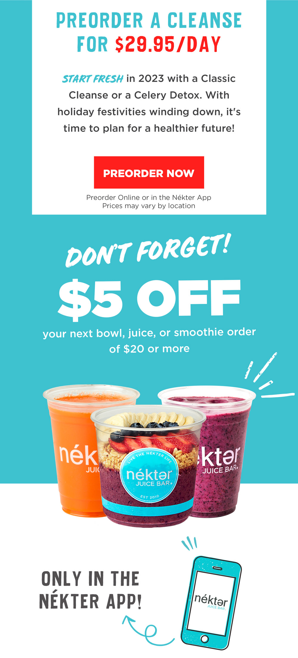 Start Fresh in 2023 and Preorder a Cleanse for 29.95! Nekter Juice Bar