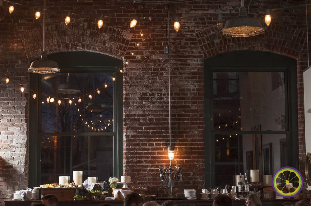 Decorated wedding reception venue with hors d'oeuvre table