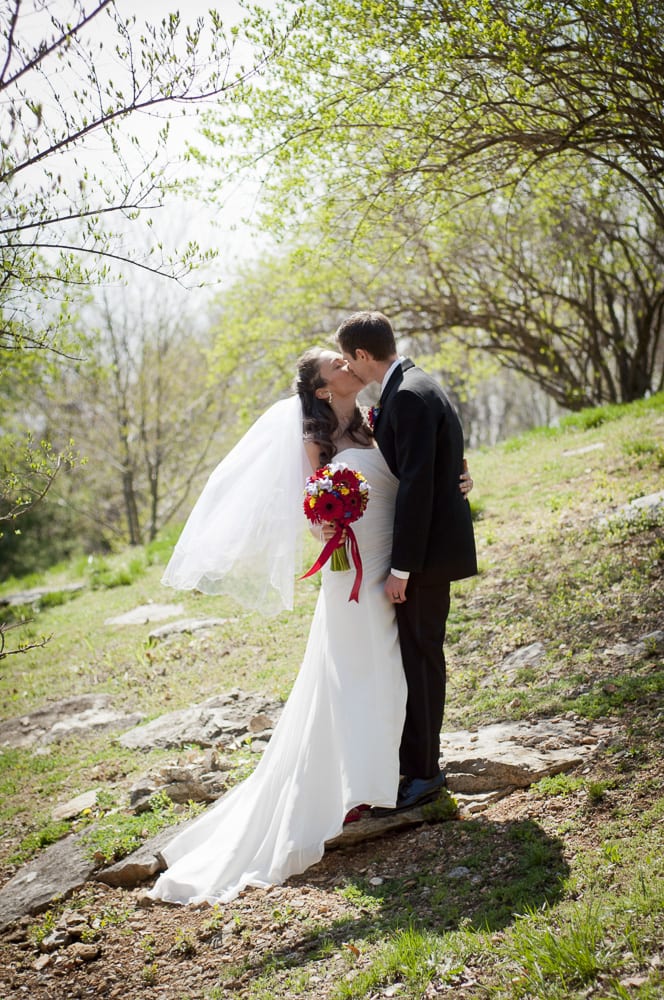 Bride and groom in natural setting on hillside in west county Saint Louis, MO