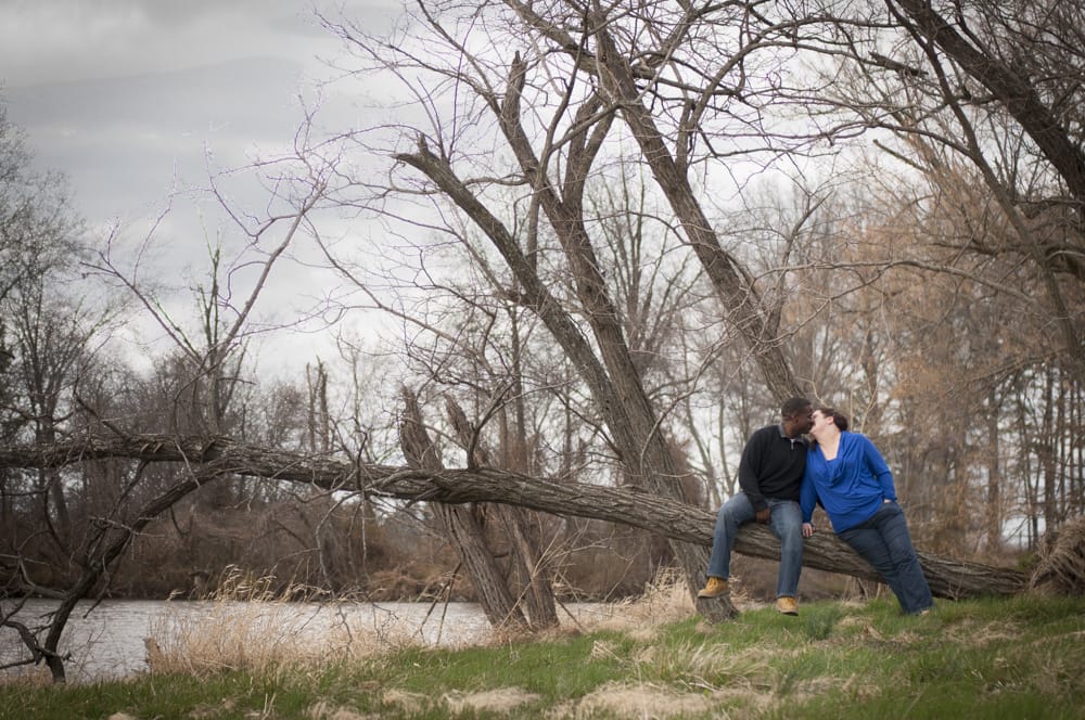 multiracial couple sitting in a tree KISSING