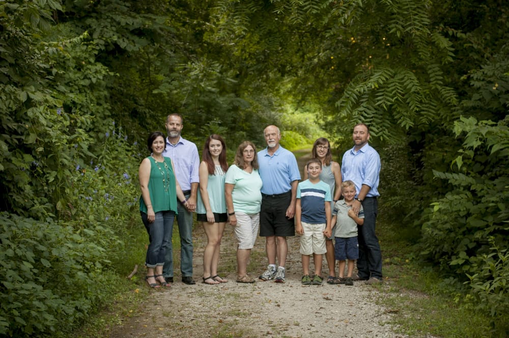 Extended Family portrait in blue clothes with two generations at Fort Belle Fontaine