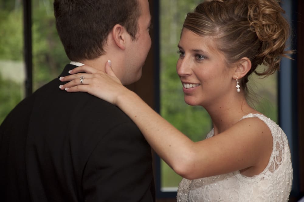 Bride looking at groom while dancing on the Madam Carroll in Indiana