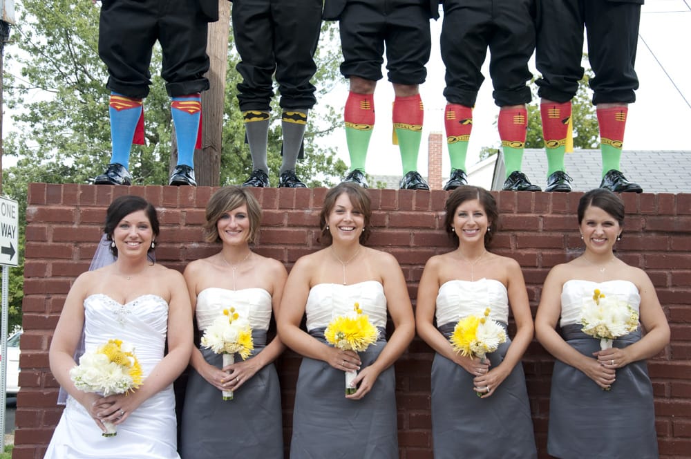 Superhero wedding party with socks with capes in Indiana