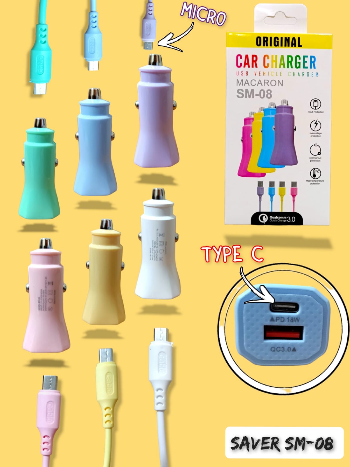 SAVER MACARON SM-08 + pack + kabel / CAR CHARGER