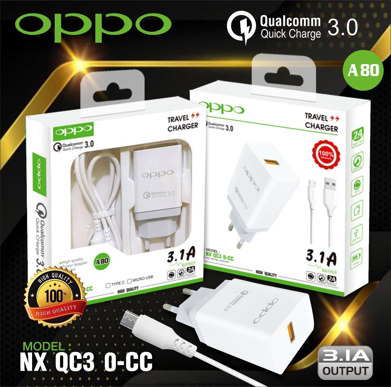 TRAVEL CHARGER BRANDED A80 QUALCOMM 3.0Ampere + PACKING IMPORT MEREK
