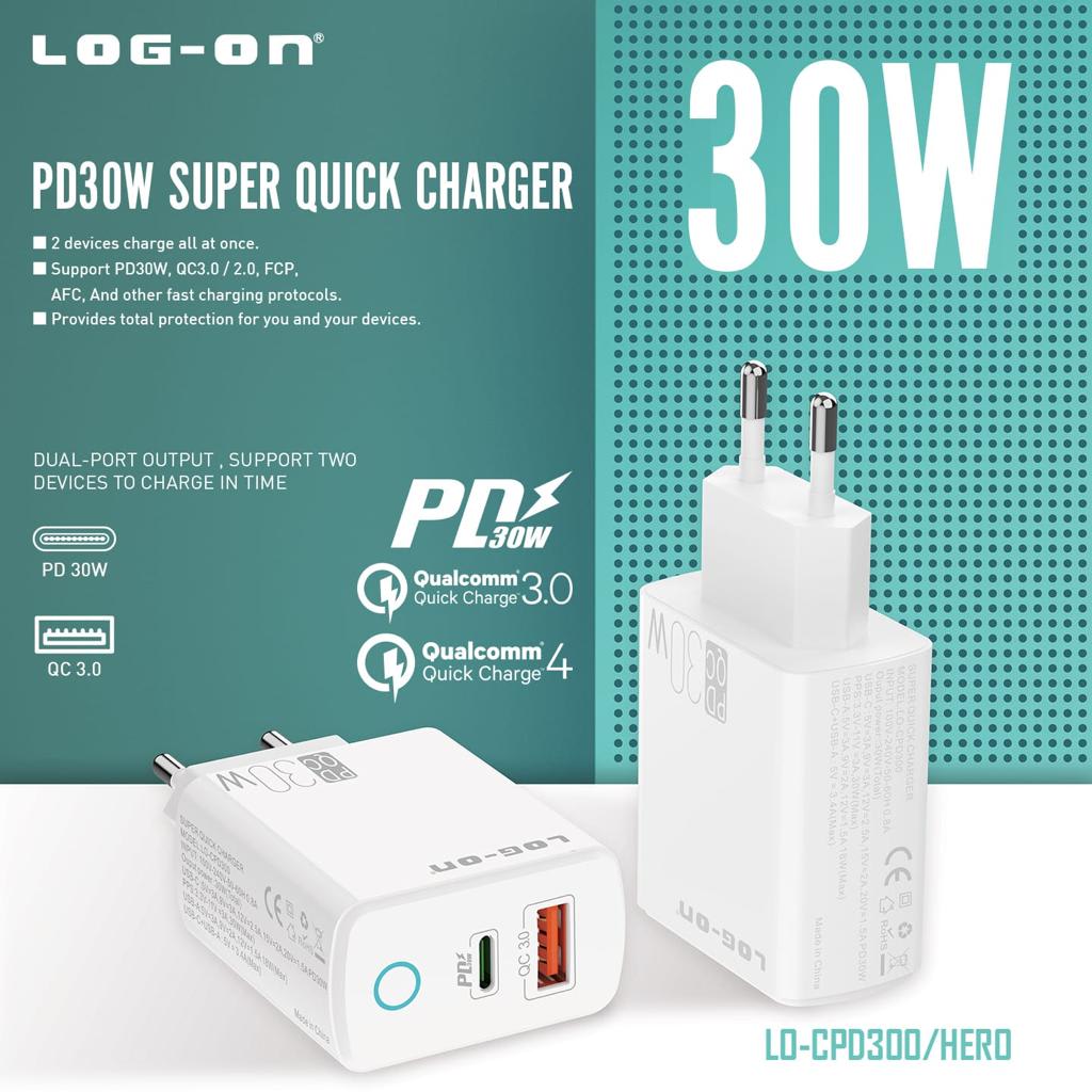 BATOK ORI LOG -ON  30W USB + PD-C SUPER QUICK CHARGER