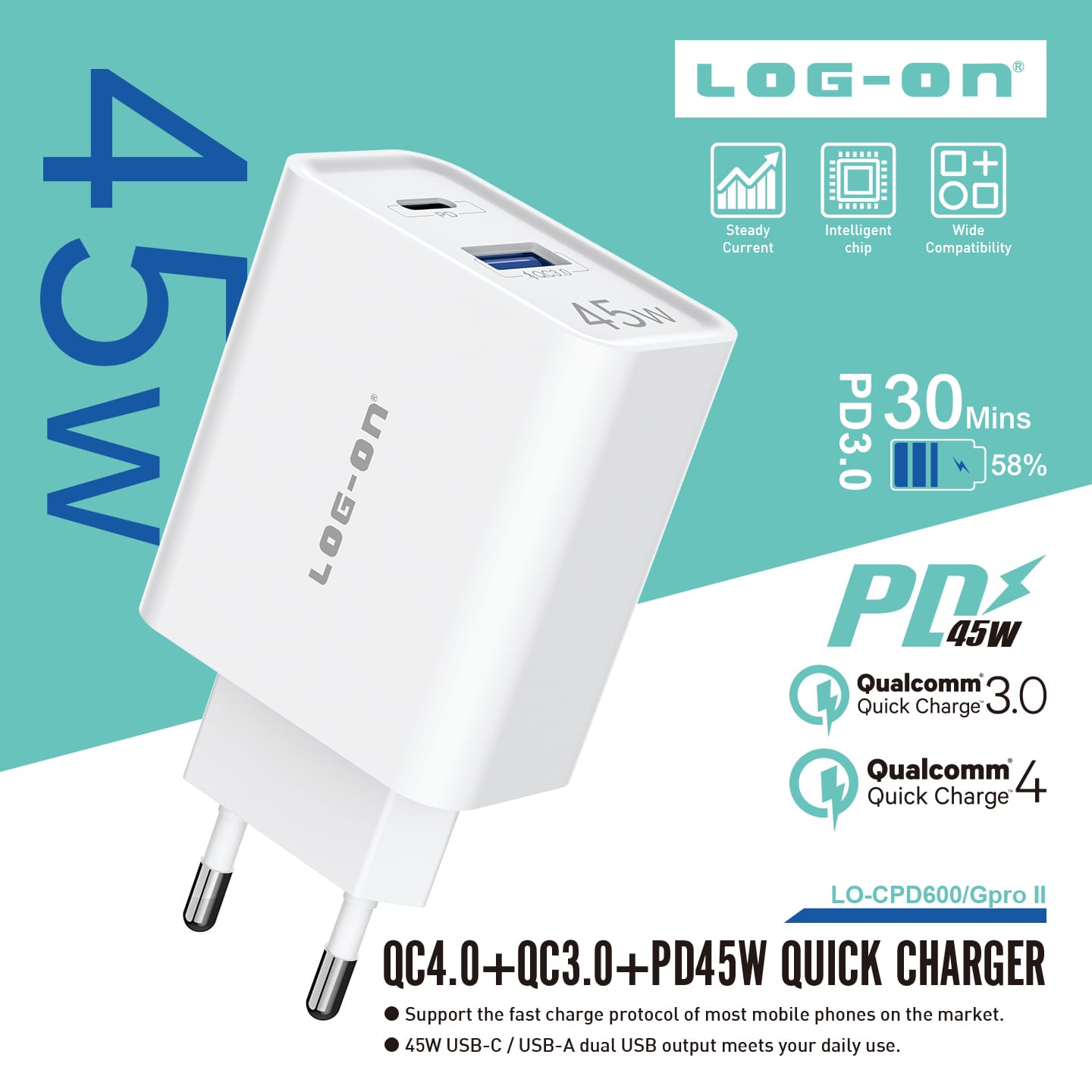 LOG ON CHARGER PD45W+QC4.0+QC3.0 DUAL PORT QUICK CHARGER LO-CPD600