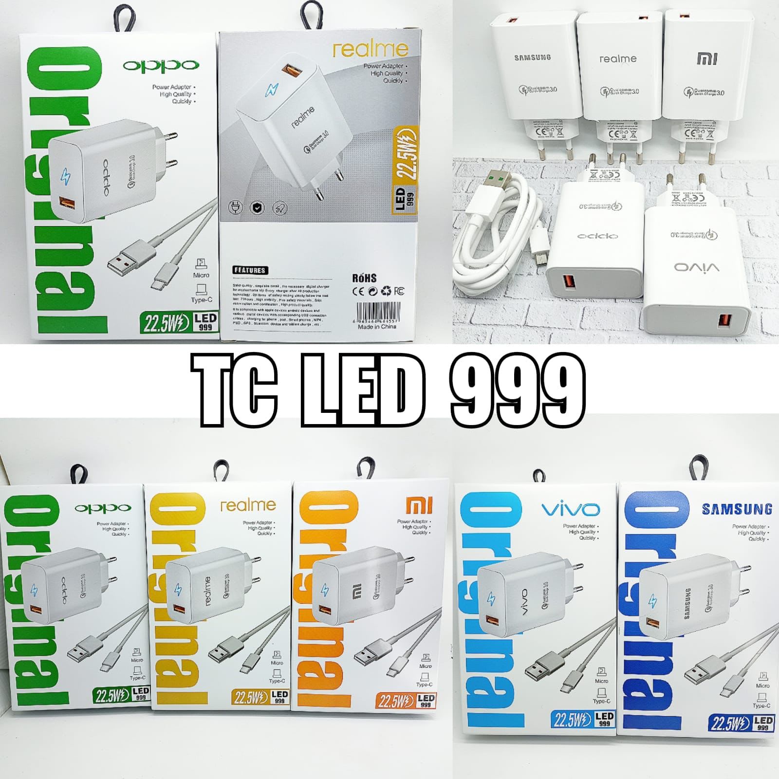 TRAVEL CHARGER BRANDED LED 999 1 USB MICRO