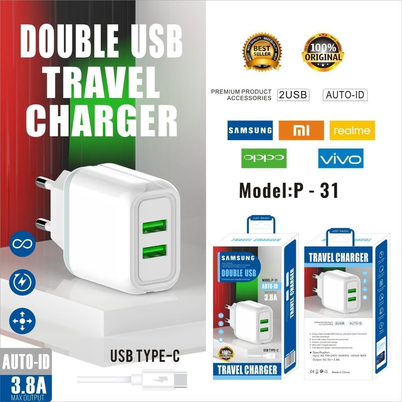 CHARGER BRANDED P31 2USB TYPE C