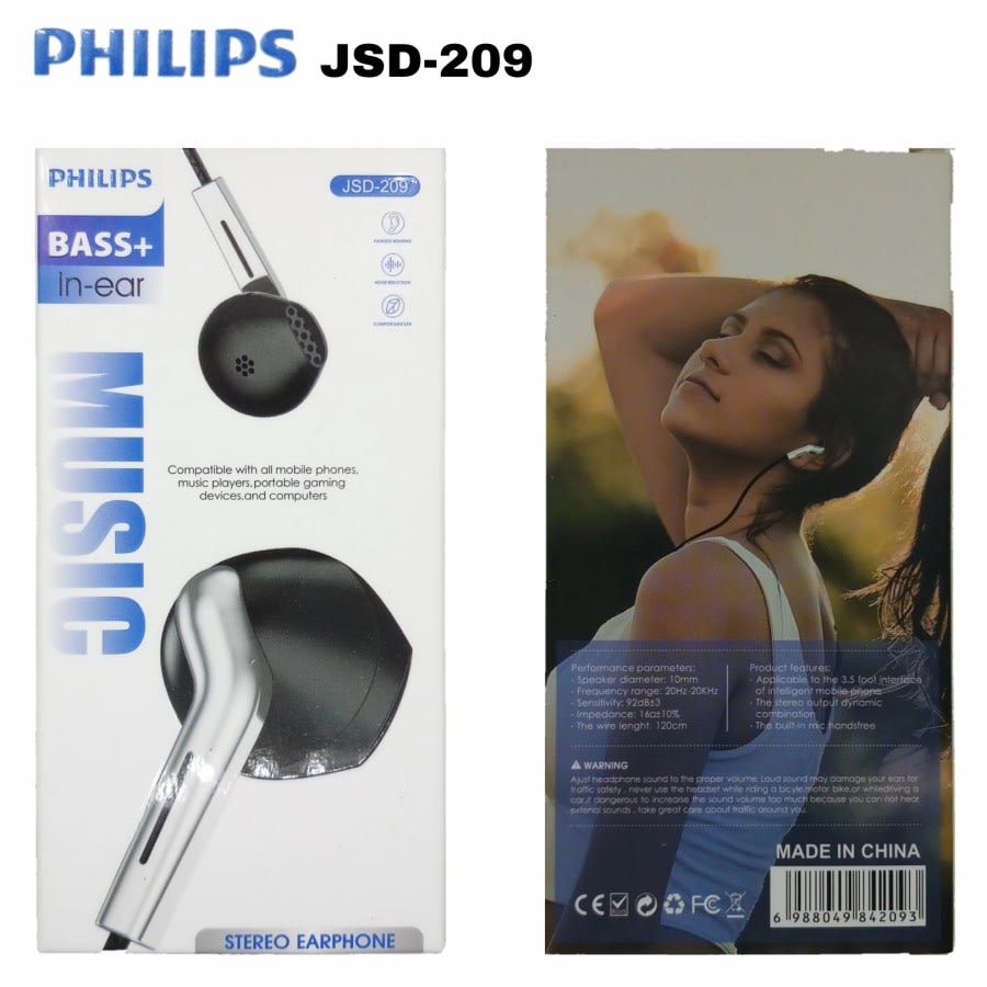 Hf Headset PHILIPS JSD-209 Stereo Earphone Bass+ In-ear