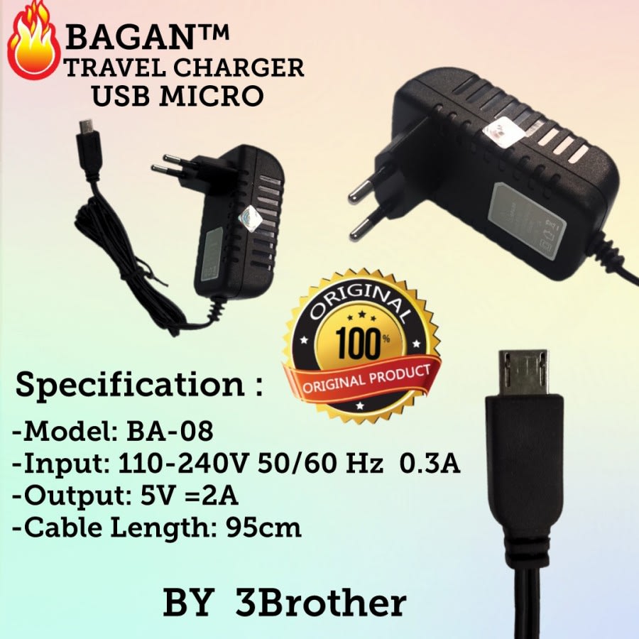 Travel Charger BA-08 Kabel USB Micro Menyatu Body High Quality