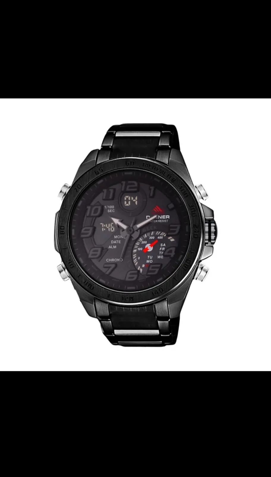 JAM TANGAN PRIA DZINER 8292 DOUBLE TIME RANTAI HITAM STAINLESS STEEL WATER RESISTANT 30M