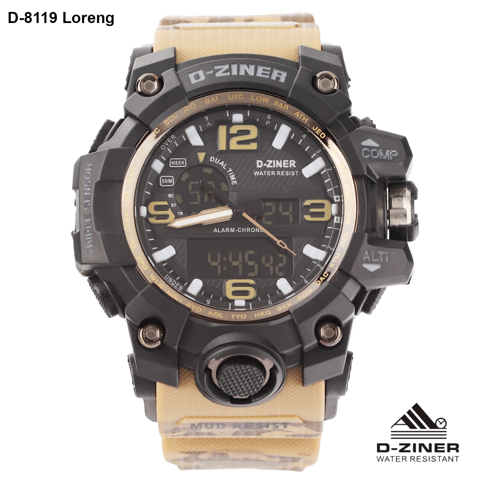 JAM TANGAN PRIA DZINER 8119 LORENG DOUBLE TIME WATER RESISTANT 30M