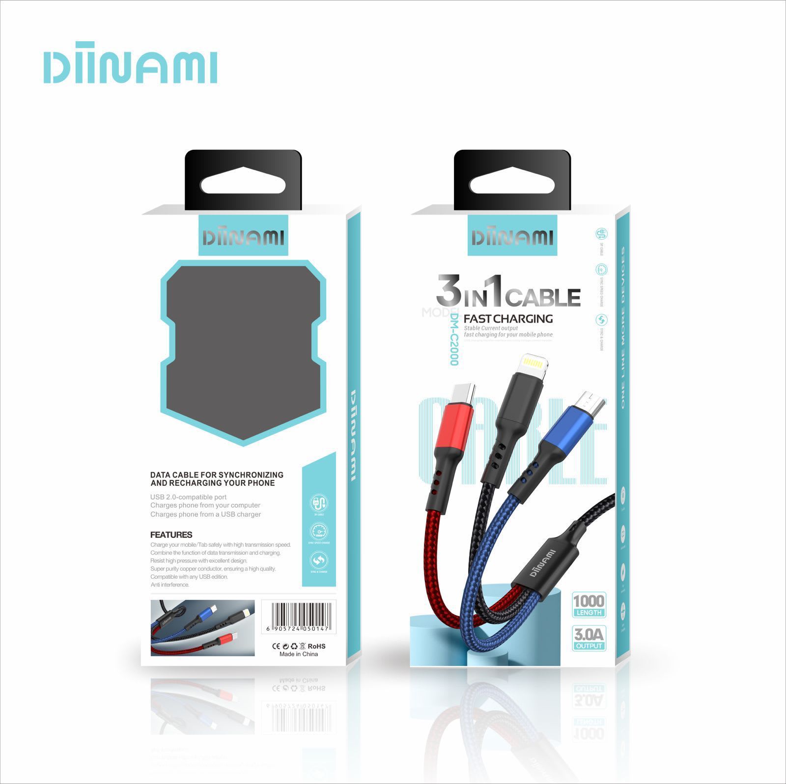 KABEL DATA DIINAMI 3 IN1 1 METER 2.4A