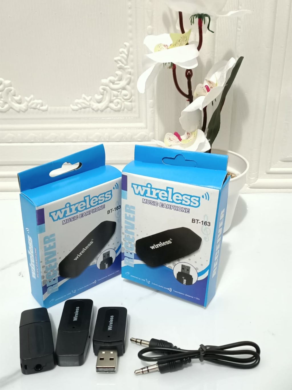 BLUETOOTH RECEIVER BT-163 + pack + kabel aux / WIRELESS MUSIC EARPHONE di qeong.com