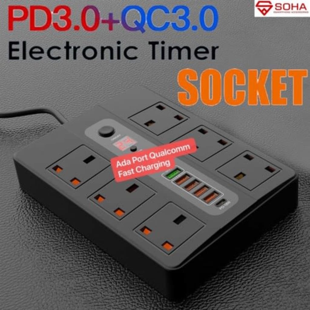 SOHA BKL-11 Hitam Stop Kontak Pakai Waktu / Power Socket Timer + 5 USB Port 3.4A & Qualcomm Multi Port & 1 Port Type C PD 18W di qeong.com