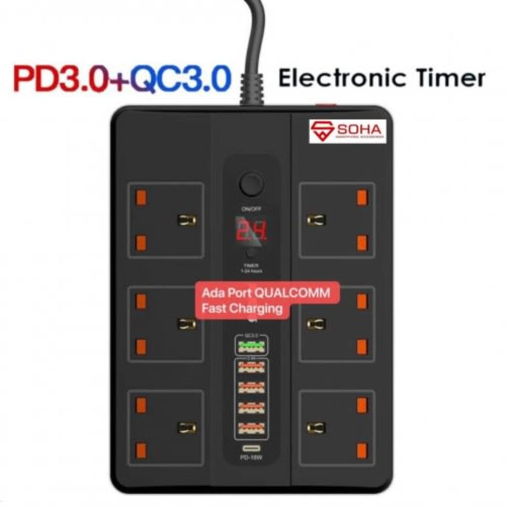 SOHA BKL-11 Hitam Stop Kontak Pakai Waktu / Power Socket Timer + 5 USB Port 3.4A & Qualcomm Multi Port & 1 Port Type C PD 18W di qeong.com