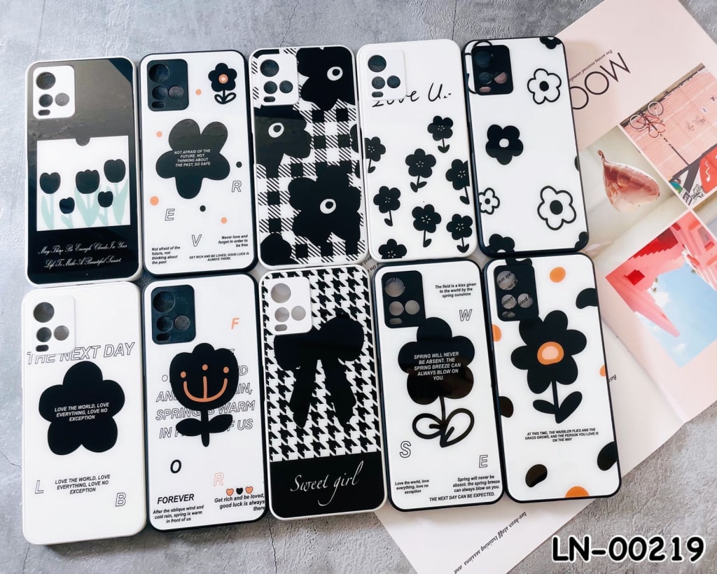 (LN-00219) CASE GLASS MIX MOTIF FLOWER BLACK AND WHITE PC di qeong.com