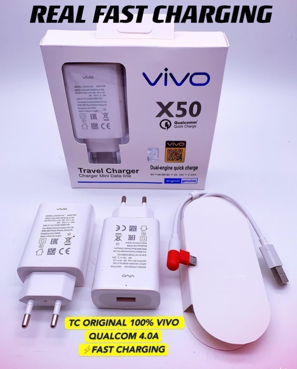 TRAVEL CHARGER ORIGINAL 💯% VIVO 4Ampere X50 + PACK IMPORT di qeong.com