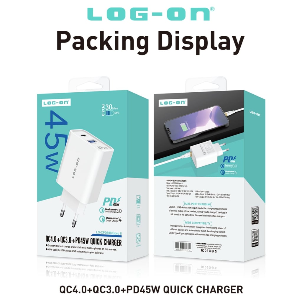 LOG ON CHARGER PD45W+QC4.0+QC3.0 DUAL PORT QUICK CHARGER LO-CPD600 di qeong.com