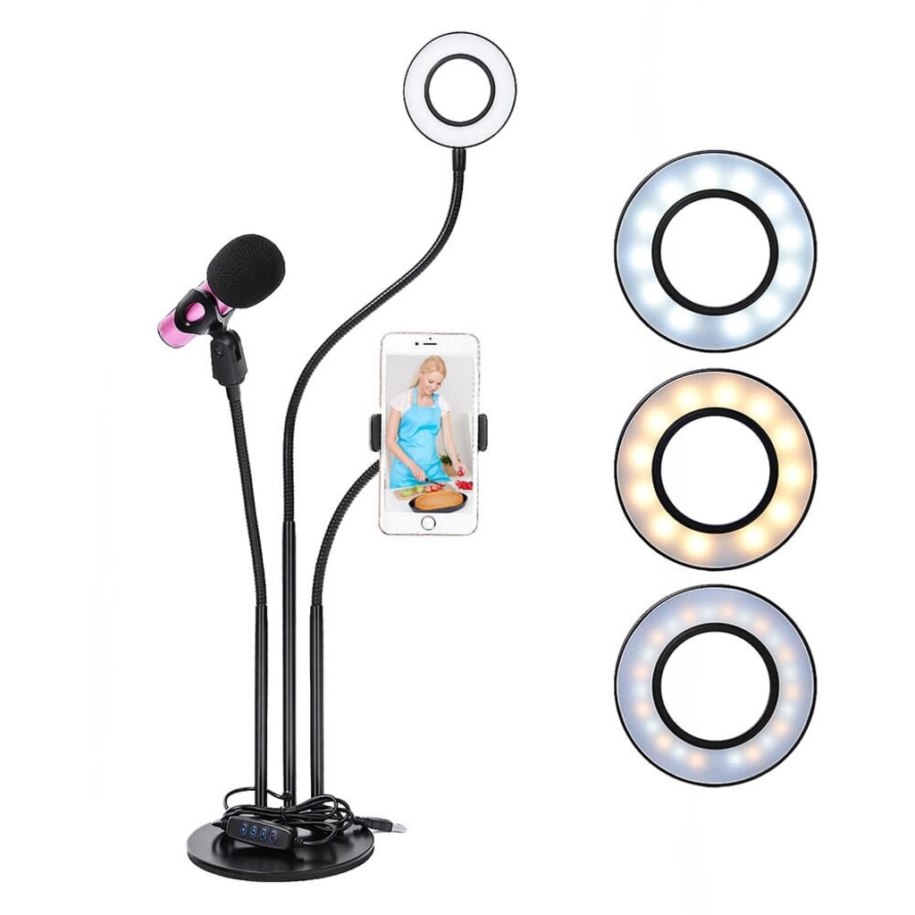 LazyPood 4 in 1 Profisional Live Stream Led Ring Light Phone Holder Mic Handphone Holder Multi Fungsi murah di qeong.com