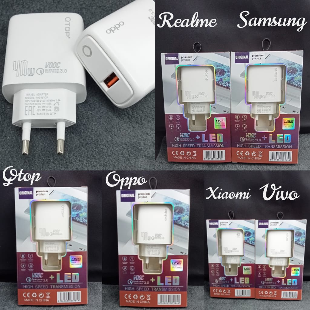 Adaptor Charger Branded Original 40W Led Suport Vooc FastCharging Kabel Micro Usb Type C & Iphone di qeong.com