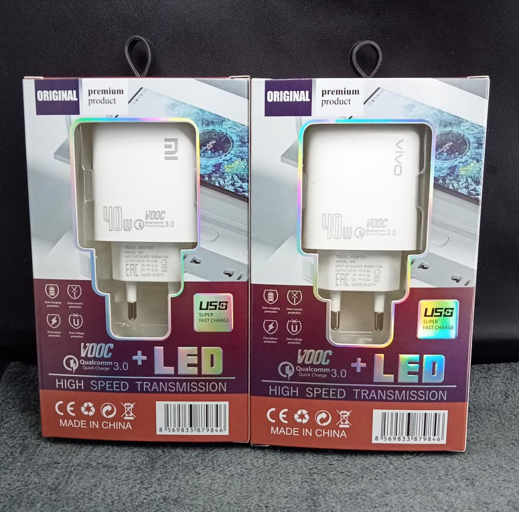 Adaptor Charger Branded Original 40W Led Suport Vooc FastCharging Kabel Micro Usb Type C & Iphone di qeong.com