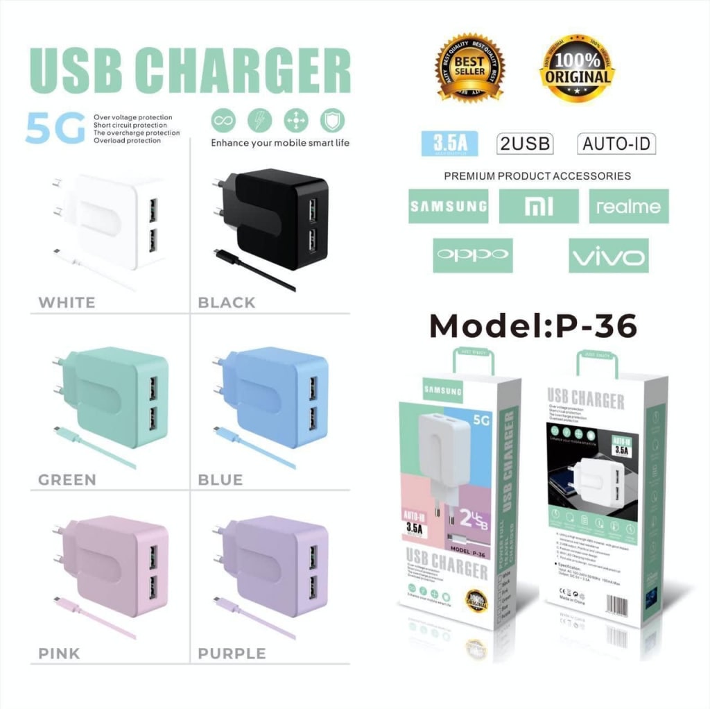 CHARGER MACARON P36 BRANDED 2 USB di qeong.com