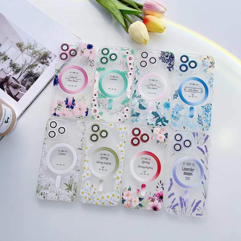 CASE MAGSAFE MOTIF FLOWERS + PROTECTOR GLASS di qeong.com