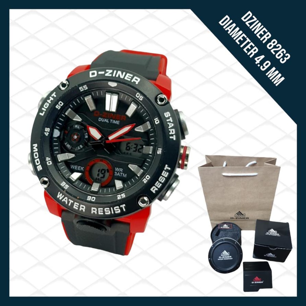 JAM TANGAN PRIA DZINER 8263 DOUBLE TIME TALI DUA WARNA WATER RESISTANT 30M di qeong.com