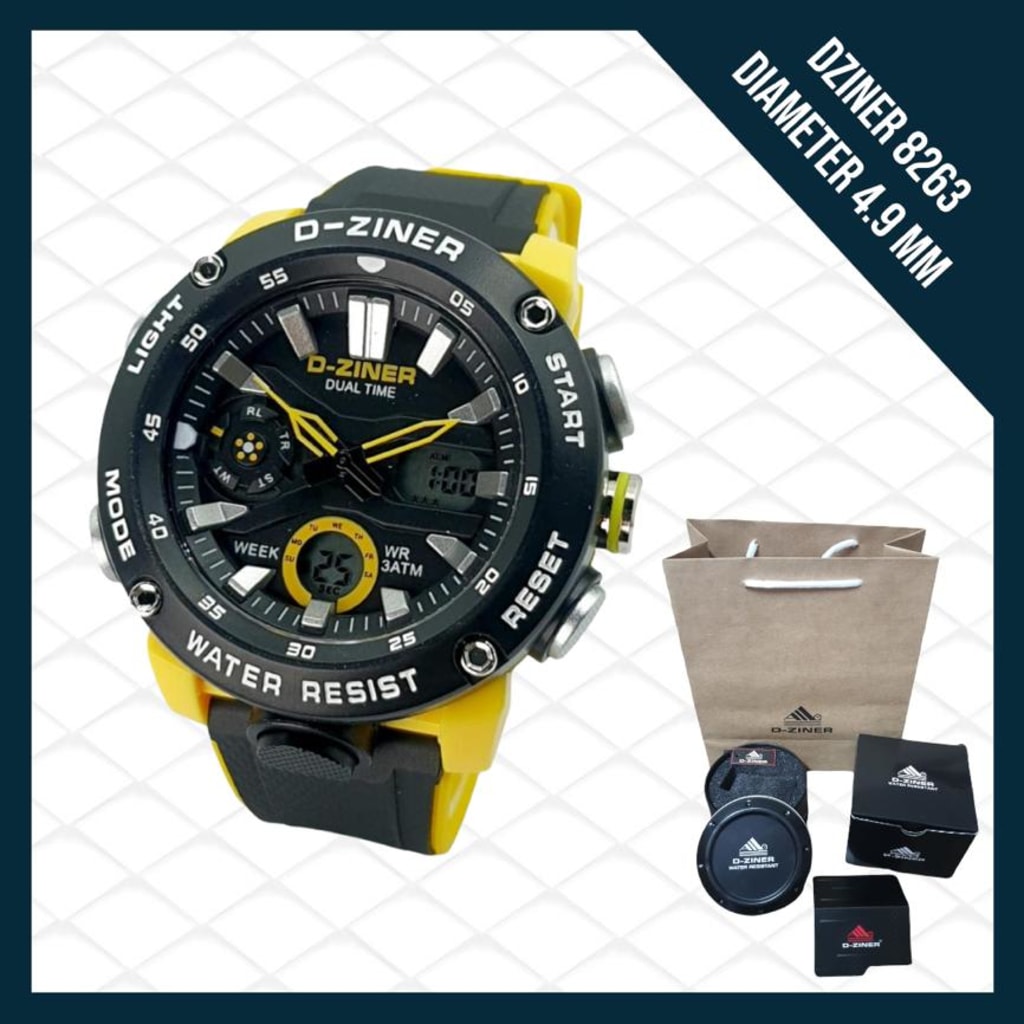 JAM TANGAN PRIA DZINER 8263 DOUBLE TIME TALI DUA WARNA WATER RESISTANT 30M di qeong.com