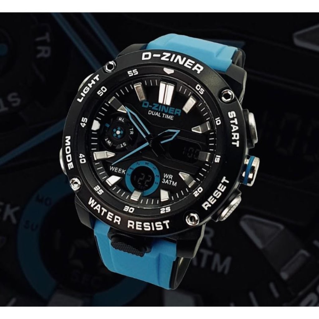 JAM TANGAN PRIA DZINER 8263 DOUBLE TIME TALI DUA WARNA WATER RESISTANT 30M di qeong.com