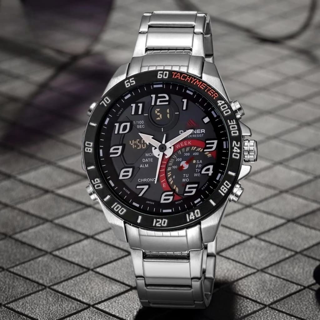 JAM TANGAN PRIA DZINER 8292 DOUBLE TIME RANTAI HITAM STAINLESS STEEL WATER RESISTANT 30M di qeong.com