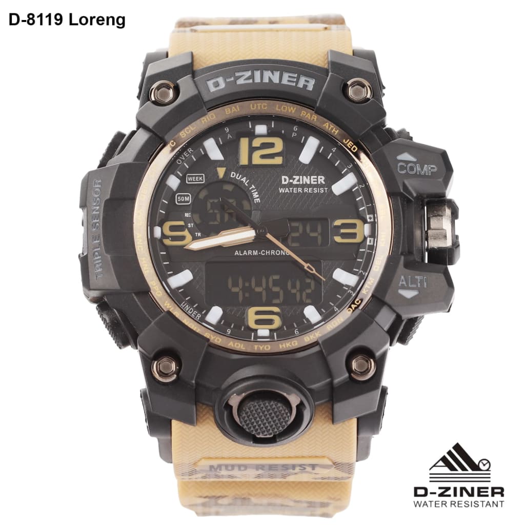 JAM TANGAN PRIA DZINER 8119 LORENG DOUBLE TIME WATER RESISTANT 30M di qeong.com