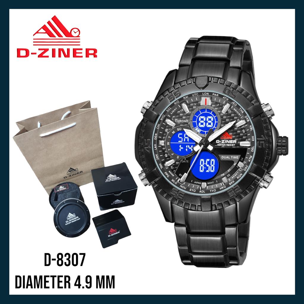 JAM TANGAN PRIA DZINER 8307 DUALTIME RANTAI HITAM STAINLESS STELL di qeong.com