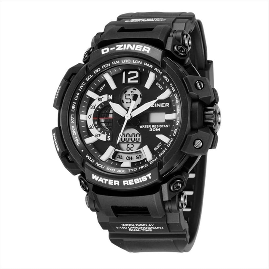 JAM TANGAN PRIA DZINER 8228 DOUBLE TIME WATER RESISTANT 30M di qeong.com