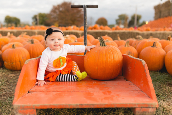 Rose sitting in a wagon with a pumpkin